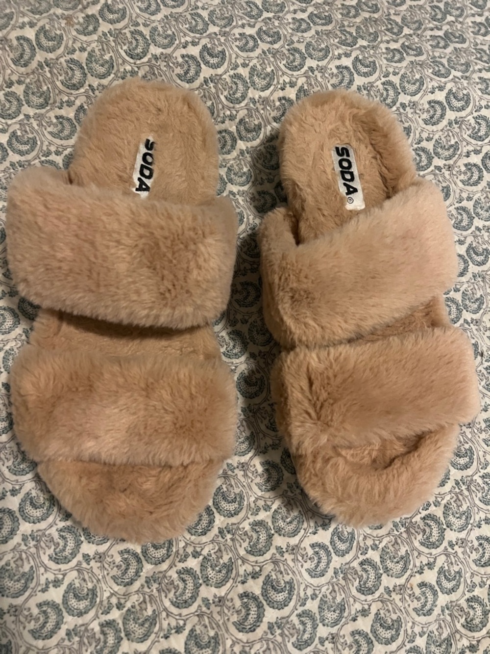 Soda Plush Double-Band Slide Sandals in Beige